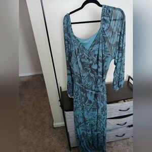 Ava And Viv Blue Patterned Long Sleeve Maxi Dress